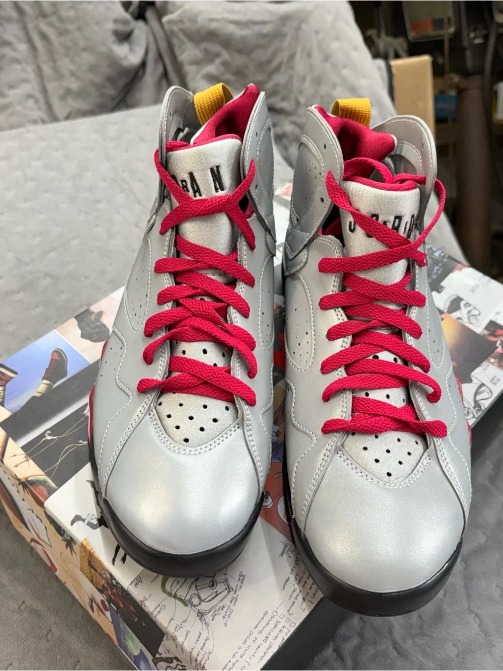 Jordan Men's Silver Sneakers with Red and Gold Accents
